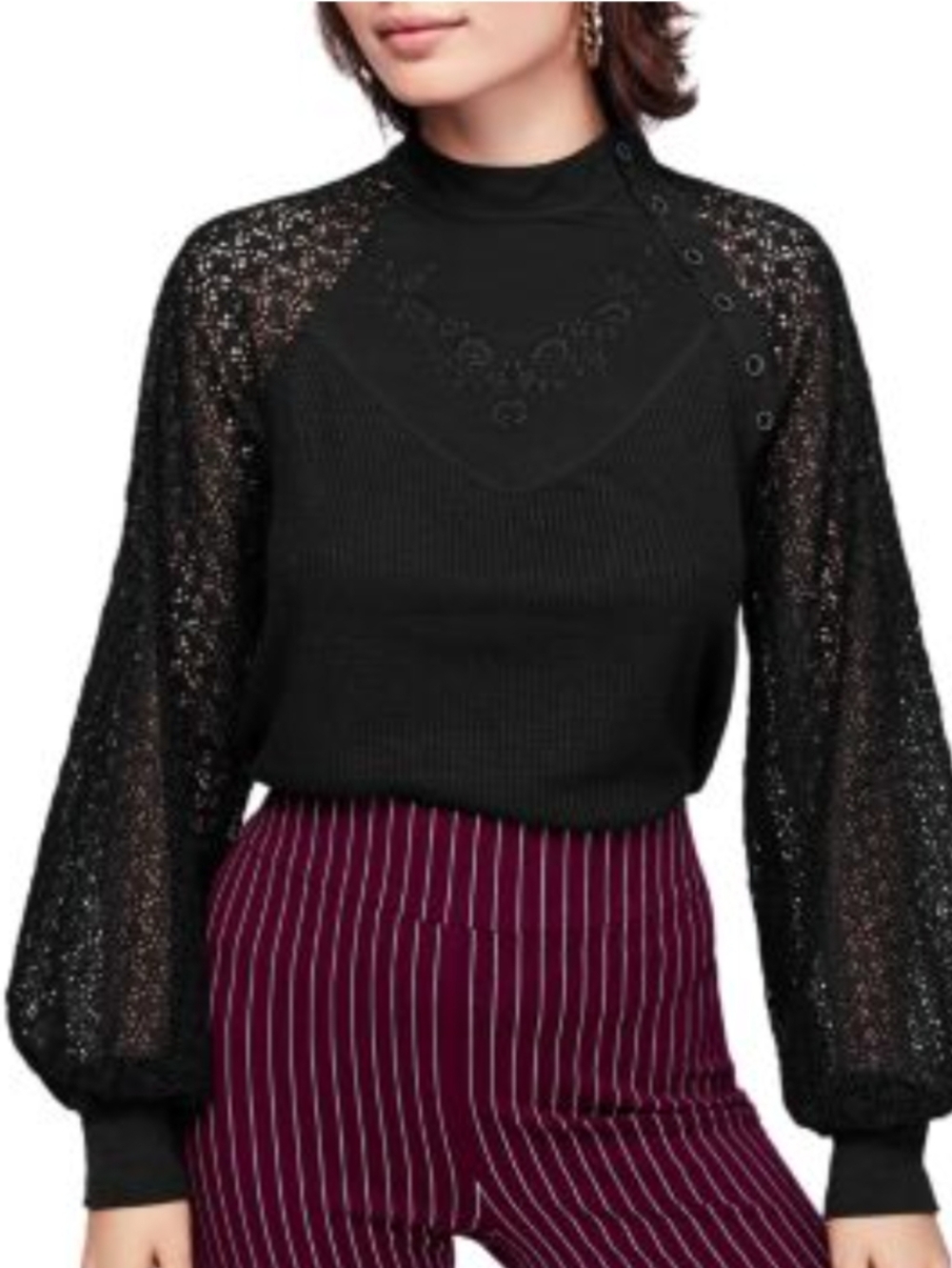 Free People Black Lace Long Sleeve Mock Neck Top - Picture 2 of 11